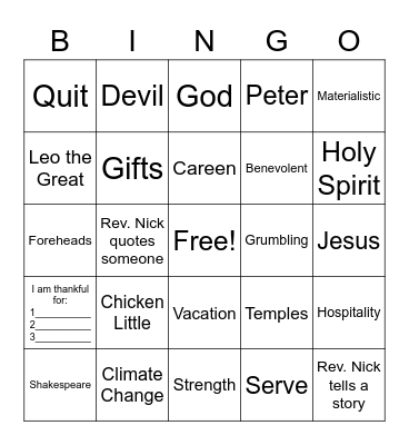 August 1st Sermon Bingo Card