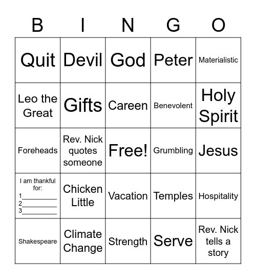 August 1st Sermon Bingo Card