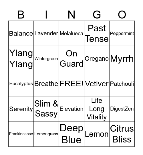 Essential OIl Bingo Card