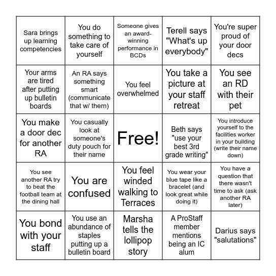 RA Training Bingo Card