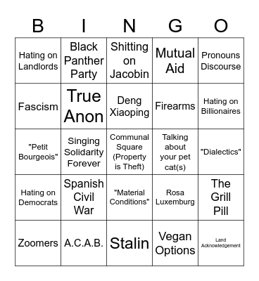 Socialist Gathering Bingo Card