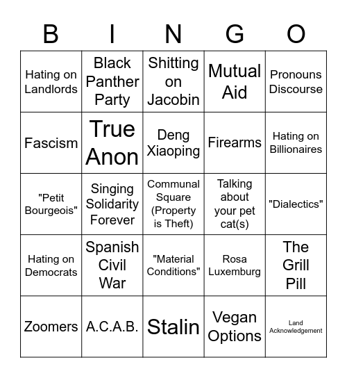 Socialist Gathering Bingo Card