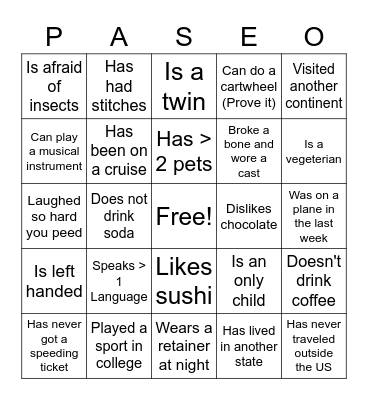One Paseo Get To Know You Bingo! Bingo Card
