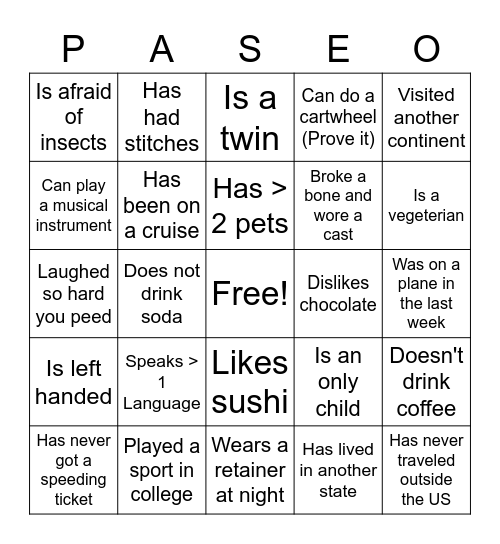 One Paseo Get To Know You Bingo! Bingo Card
