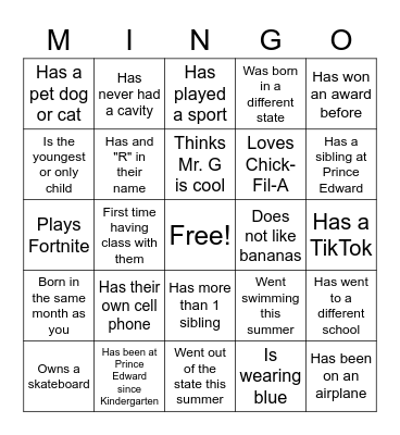 First Day of School MINGO Bingo Card