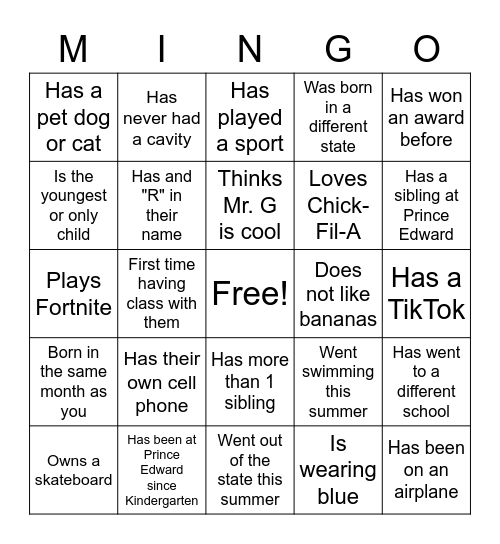 First Day of School MINGO Bingo Card