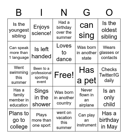 "Getting to know YOU" Bingo Card