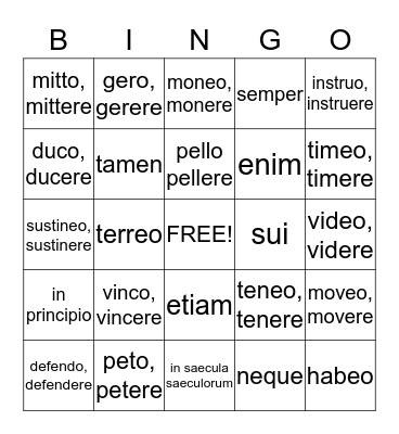 Latin Verbs Lessons 10-12 Bingo Card