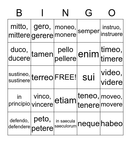 Latin Verbs Lessons 10-12 Bingo Card