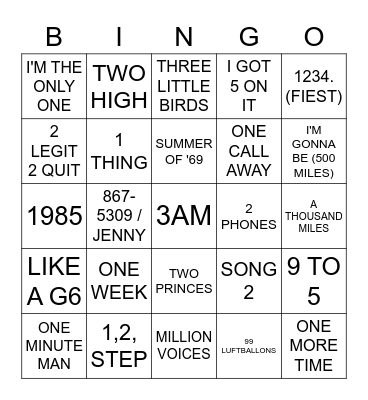 NUMBERED SONGS Bingo Card