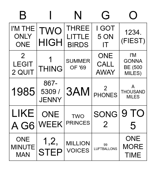 NUMBERED SONGS Bingo Card