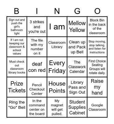 Classroom Procedures BINGO Card