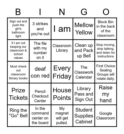 Classroom Procedures BINGO Card