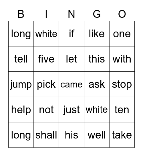 Short and Silent e Vowel Sight Words Bingo Card