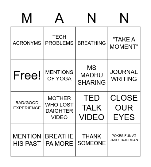 "TOO MINDFUL OF MANN Bingo Card