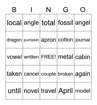 Unaccented Final Syllables Bingo Card