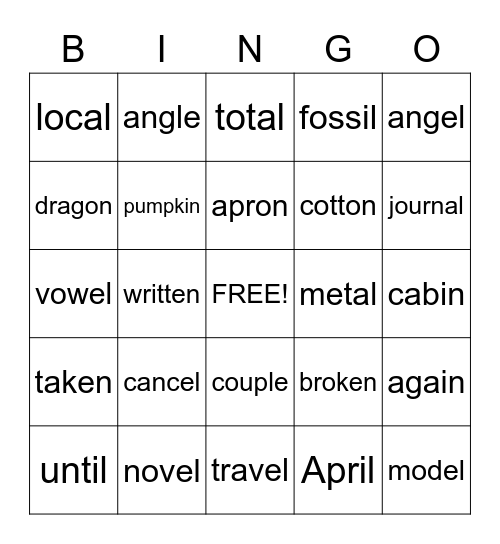 Unaccented Final Syllables Bingo Card