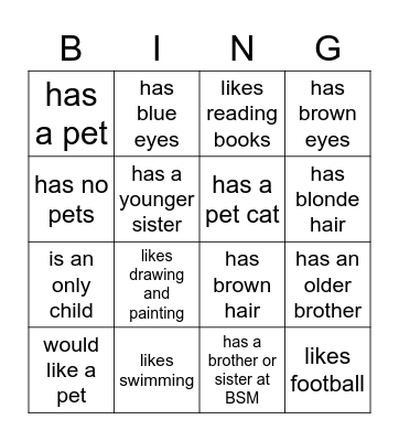Getting to know each other- find someone who has... Bingo Card
