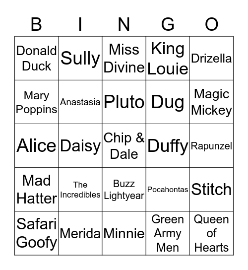 Disney Character Bingo Card