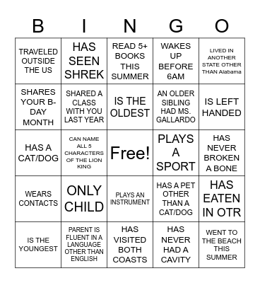 Getting To Know Your Classmates Bingo Card