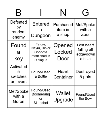 Generic Zelda Bingo Card
