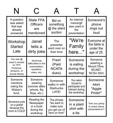 Ag Teacher's Conference BINGO Card