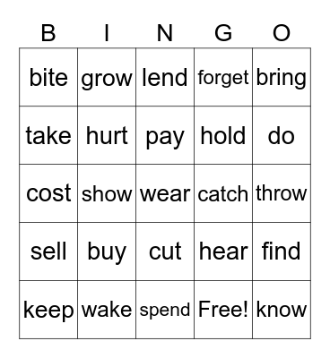 Irregular Verbs Bingo Card