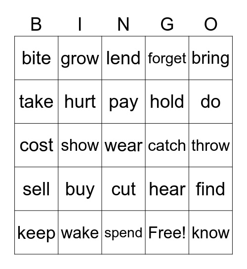 Irregular Verbs Bingo Card