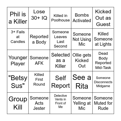 Suspects: Mystery Mansion Bingo Card