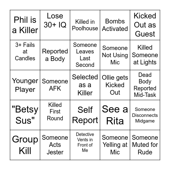 Suspects: Mystery Mansion Bingo Card