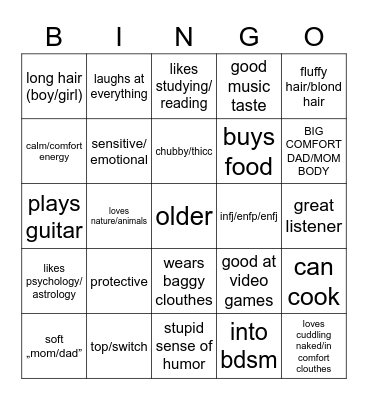 my dream wife/husband bingo Card