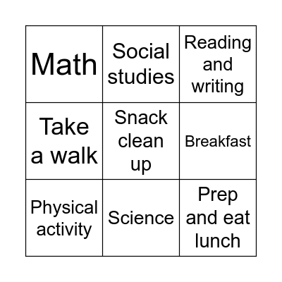 My school schedule Bingo Card