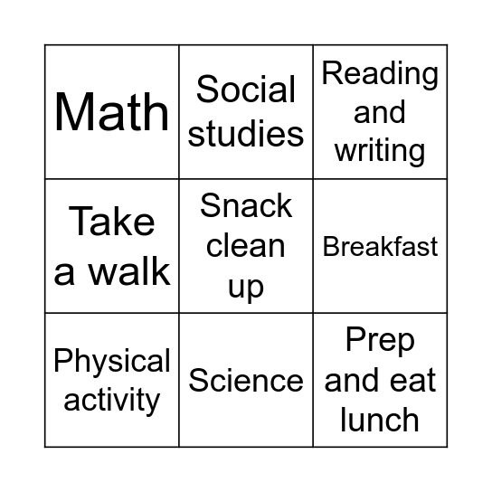 My school schedule Bingo Card