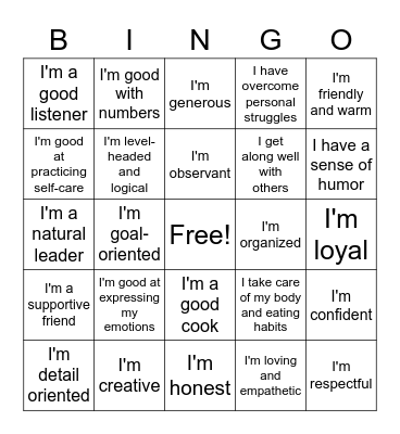 My Skills + Strengths Bingo Card