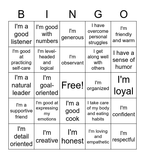 My Skills + Strengths Bingo Card
