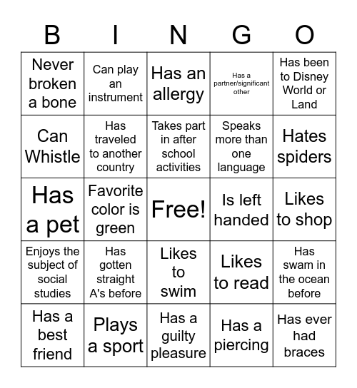 Get to Know You Bingo Card