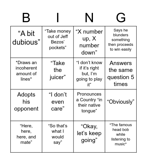 Hikaru Bingo Card