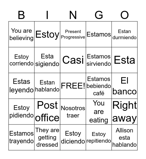 Present Progressive Bingo Card
