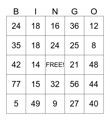 Multiplication Bingo Card