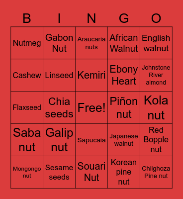 FOXY'S FAMILY. Nuts Bingo Card