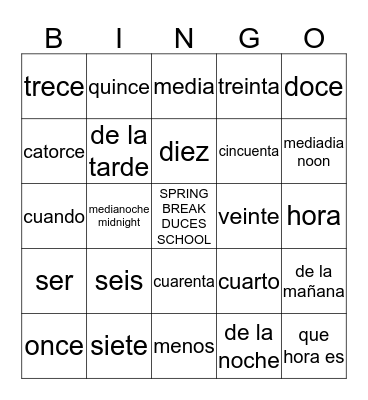spanish Bingo Card