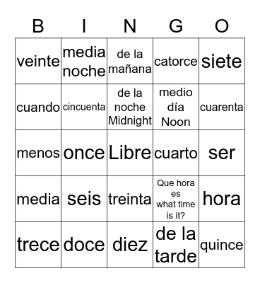 Spanish Bingo Card