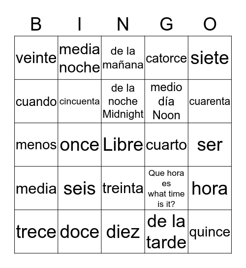 Spanish Bingo Card