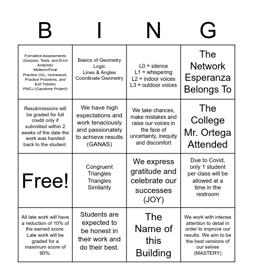 Syllabus/Procedures Loteria (Bingo) Bingo Card