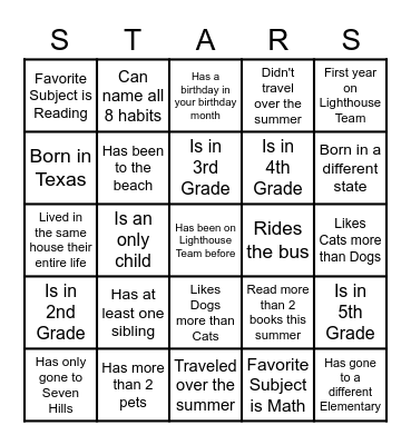 Student Lighthouse Team Bingo Card