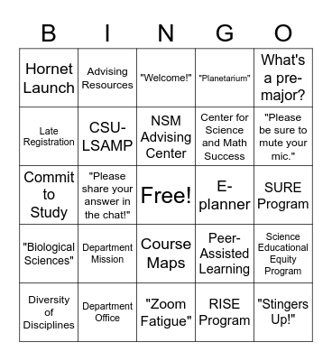 Biological Sciences Freshman Orientation Bingo Card