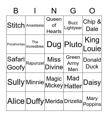 Disney Character Bingo Card