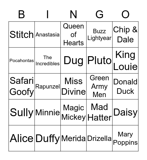 Disney Character Bingo Card