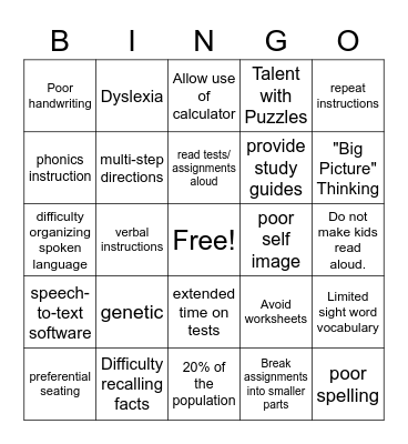 Dyslexia for Secondary Students Bingo Card