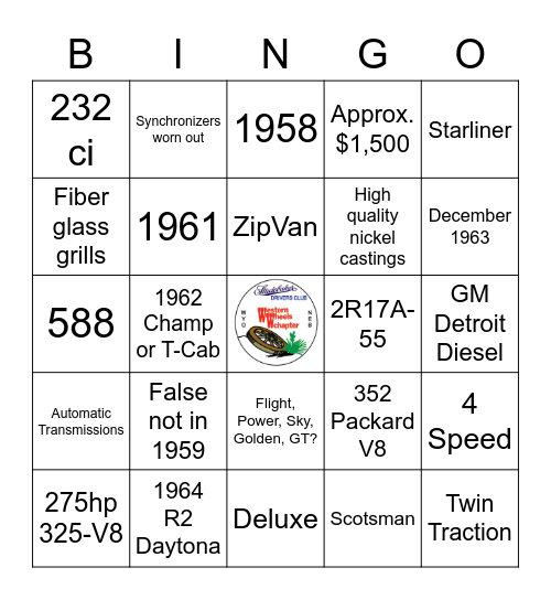 Studebaker Expert Bingo Card